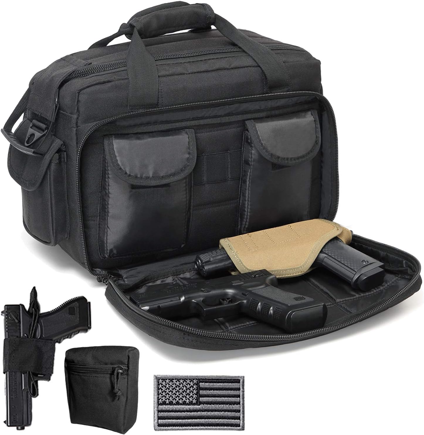 DBTAC Gun Case Bag Deluxe Middle Size | Tactical 2~4 Pistol Bag Firearm Shooting Case with Lockable Zipper for Shooting Range Outdoor Hunting | US Flag Patch + MOLLE Pouch + Universal Holster Included
