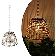 Livinlarge Vintage Rattan Basket Shade Solar Lantern Hanging Lighting Country Style Pendant Light Patio Garden Farmhouse Decoration Rustic Handmade Rattan Pendant Lamps.