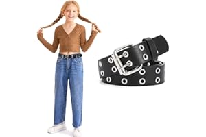 WERFORU Kids Double Grommet Belts With Holes for Girls Boys PU Leather Two Row Grommet Waist Belt for Jeans Dress