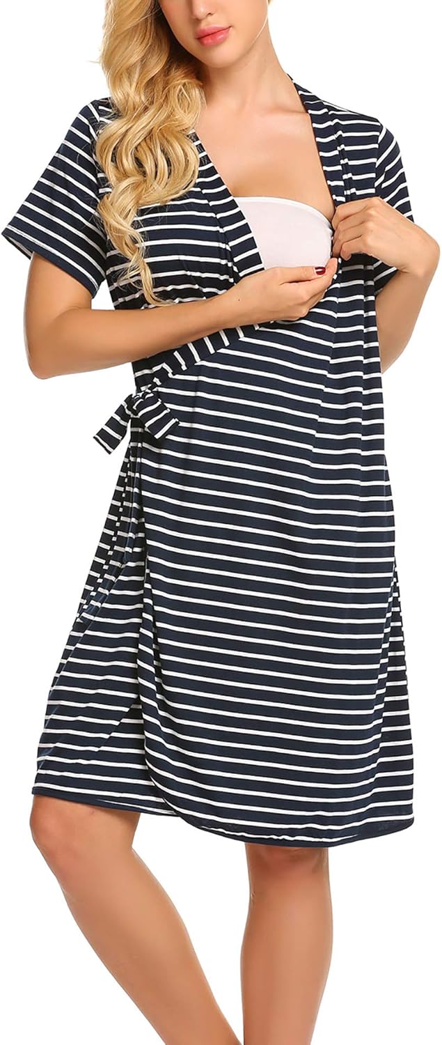 Ekouaer Striped Maternity Robe, Pregnant Short Sleeve Labor Delivery Nursing Hospital Gowns S-XXL at  Women’s Clothing store