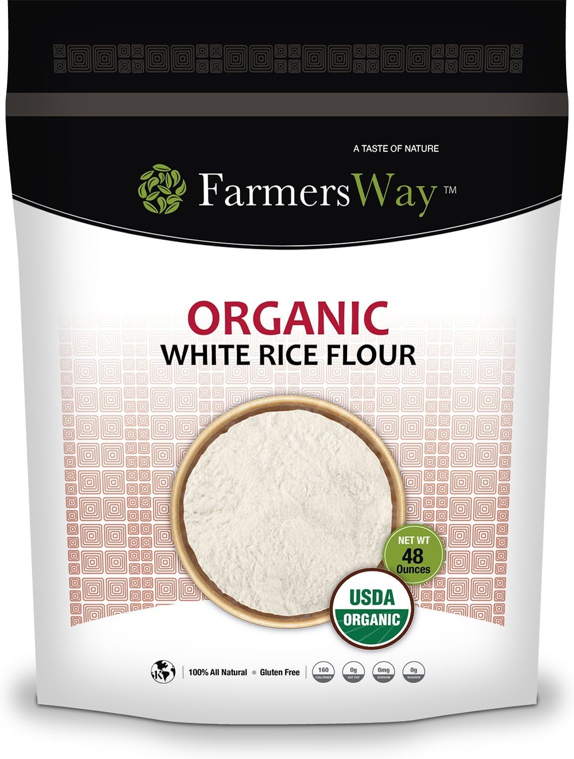 Farmers Way Organic White Rice Flour, is an organic and gluten free white rice flour that is high in protein and fiber, 48 ounce bag