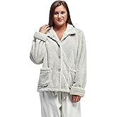 LA CERA Women's Fleece Bed Jacket - 100% Polyester, Collared Button Front, Long Sleeves, Front Pockets, Solid Pattern