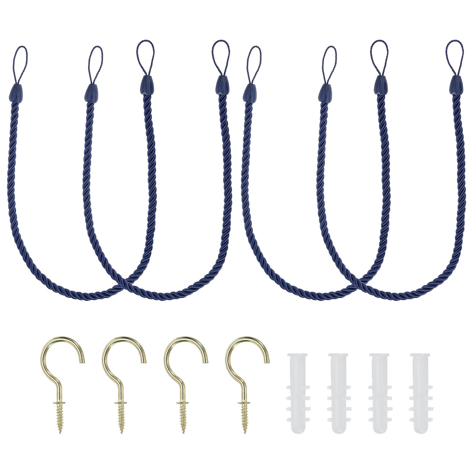 PATIKIL Curtain Tiebacks Ropes, 4 Pack Decorative Tie Backs Braided Curtain Holdback Cord for Home Office Decor, with Screw Hooks & Bolts, Navy Blue