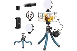 Smartphone Video Microphone vlog Kit for iPhone, Smartphone and Cameras,with LED Light,Phone Holder,Tripod,Microphone,Tripod Mount Adapter for Camera/Phone Video Recording,GUEDIEO
