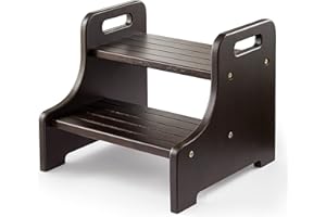 2BHOME Wooden Step Stool, Heavy Duty Two-Step Stool for Adults with Built-in Handle, Wooden Stepping Stool with 500Lbs Capacity for Kitchen & Bathroom, Non-Slip Wood Bedside Bed Steps for High Beds