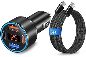 65W Car Charger USB C Fast Charger, Multi Port PD QC 3.0 Fast Charging Cigarette Lighter USB Car Phone Charger Adapter Plug w