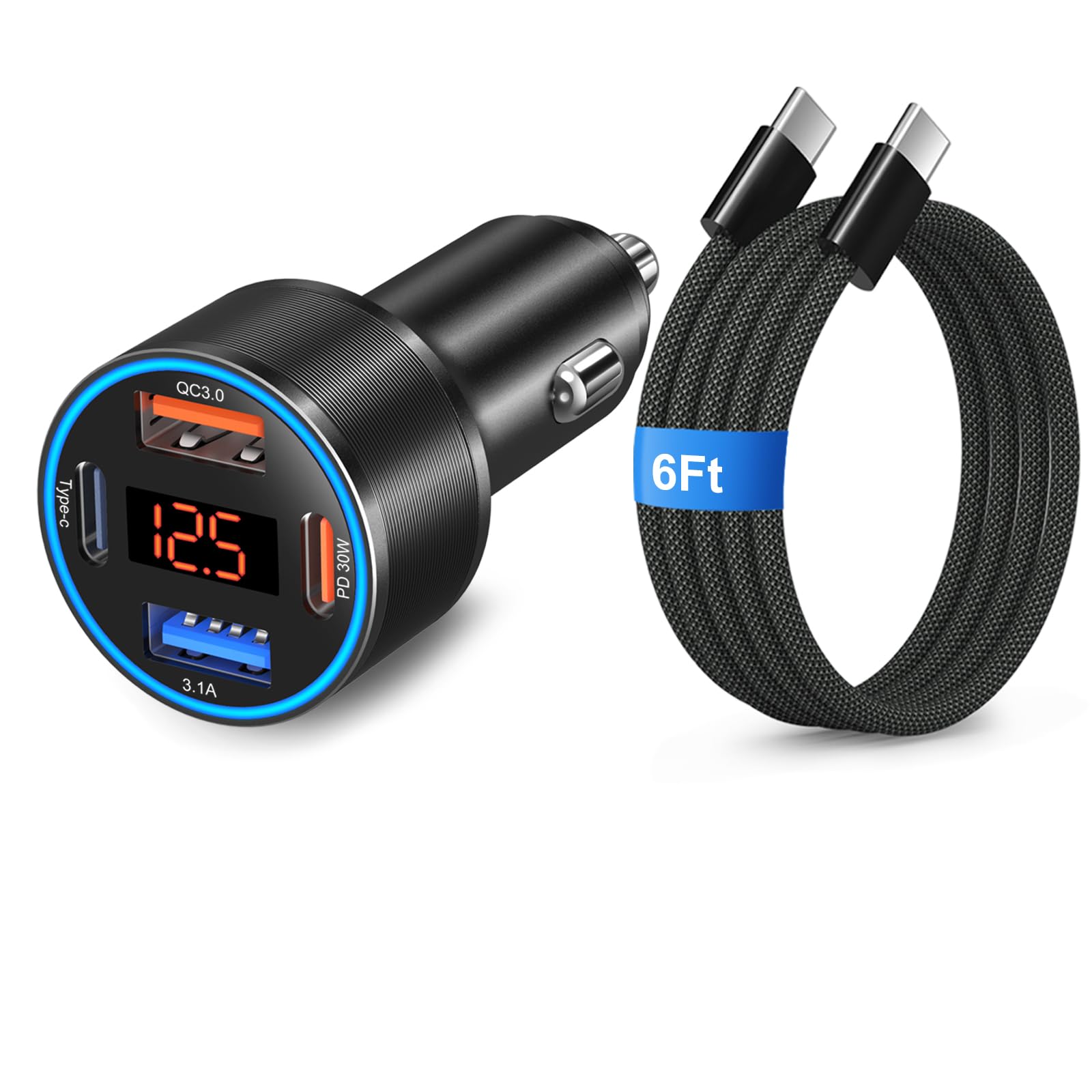 65W 4-Port Super Fast Type C Car Charger USB C for Samsung S26/S25/S24/S23/S22 Ultra/A17/A16/Z Fold/Flip Android Car Phone Adapter 12v Cigarette Lighter Plug with Voltage Display+6FT USB C Cable