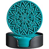 Hoomey Set of 6 Teal Silicone Coasters with Holder, Drink Coasters with Tribal Pattern Shape- for Table Protection, Anti Slip, Nonstick, Heat Resistant, Deep Tray