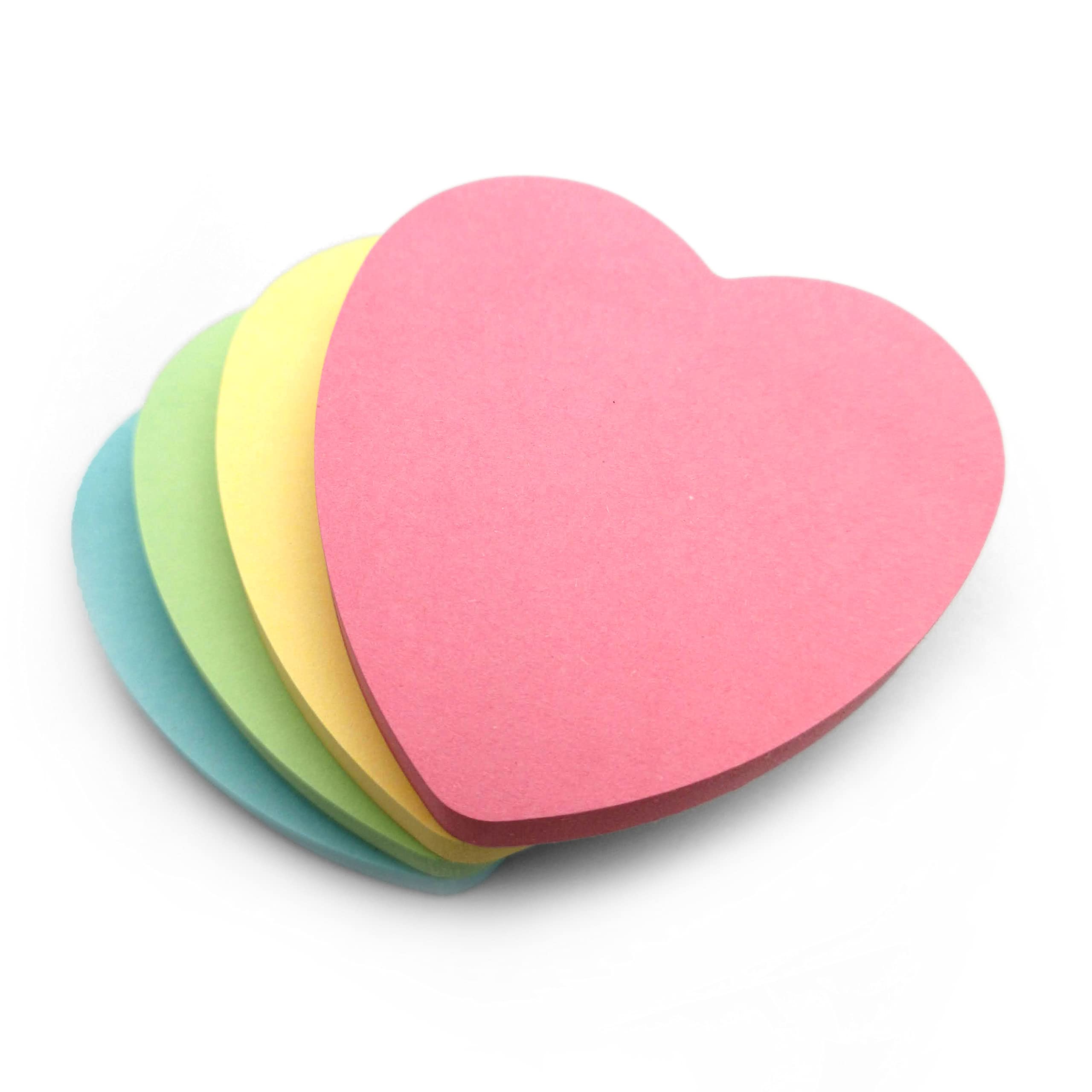 Evergreen Goods Heart Shaped Sticky Post Notes | Removable Adhesive Assorted Colours (Yellow, Pink, Blue, Green) | 100 Sheets per pad - 76x76mm (3"x3") (4 Pads, Pastel Hearts)
