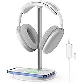 Headphone Stand with Wireless Charger, Gaming Headset Holder Hanger Rack 2 in 1 Wireless Charging Station Dock for iPhone 15/14/13/12/11 Series, AirPods Pro/3/2 and Desk All Headphones, White