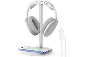 HIWE Headphone Stand with Wireless Charger, Gaming Headset Holder Hanger Rack 2 IN 1 Wireless Charging Station Dock for iPhone 15/14/13/12/11 Series, Samsung, AirPods Pro/3/2 and Desk All Headphones, White