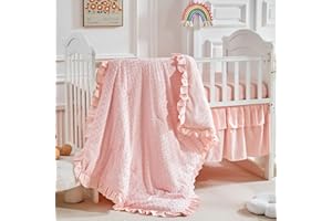FLYSHEEP 3 Pieces Tufted Crib Bedding Set with Ruffle Fringe, Pink Ruffled Comforter with Fitted Sheet and Bed Skirt, Soft and Embroidery Shabby Chic Boho Bohemian Jacquard Design for Baby Girls Boys