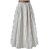 winkbay Women's Striped Maxi Skirt Dressy Casual Belted High Waisted Button A Line Skirts Work Office Outfits