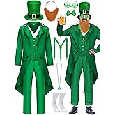 Cozypower 10 Pcs St Patrick's Day Costume Set Green Leprechaun Men Costume with Irish Costume Accessories for Irish Cosplay