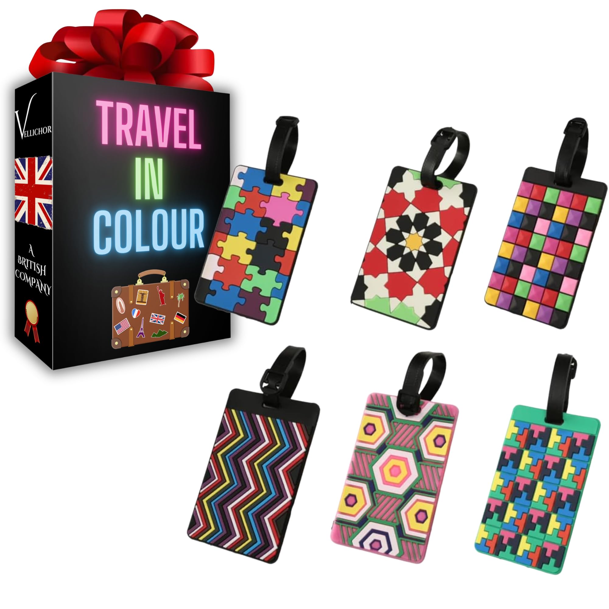 Vellichor 6 x Colourful Retro Luggage Tags for Suitcases Easy Identification - Waterproof PVC Luggage Bag Labels for Suitcases | Luggage tag for Suitcase Personalized | Backpack Baggage Identifiers