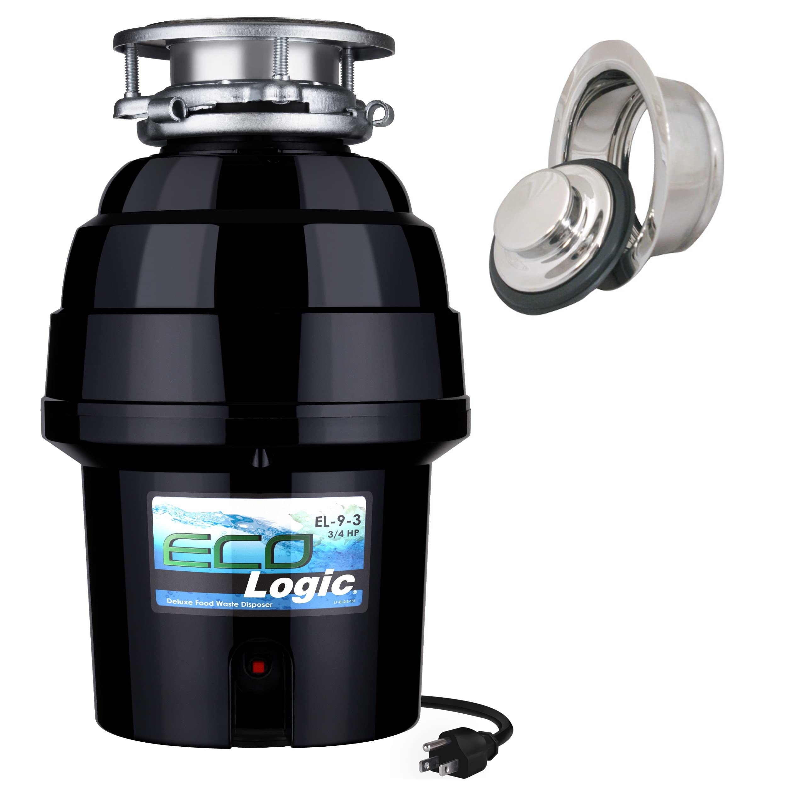 Eco Logic EL-9-DS-PC 9 Deluxe Designer Series Food Waste Disposer (3-Bolt) with Polished Chrome Sink Flange, 3/4 HP