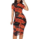 Atyfuniby Women's Sexy 3 Piece Outfits Mesh See Through Ruched Midi Dresses + Crop Tank Tops + Skinny Shorts Sets Clubwear