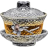 Eplze YBK Tech Crystal Gaiwan, Glass Kung Fu Tea Cup with Saucer and Lid, Chinese Traditional, Sancai Tea Bowl (Clear cup with plum flower)
