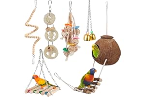 LOVYOCOCO Bird Parakeet Toy Bird Cage Hammock Bird Perch Natural Coconut Hideaway with Ladder Swing Chewing Hanging Bell Toy with Mirror for Parrots,Parakeet,Conure,Cockatiel,Budgerigar,Love Birds,Mynah,Finches