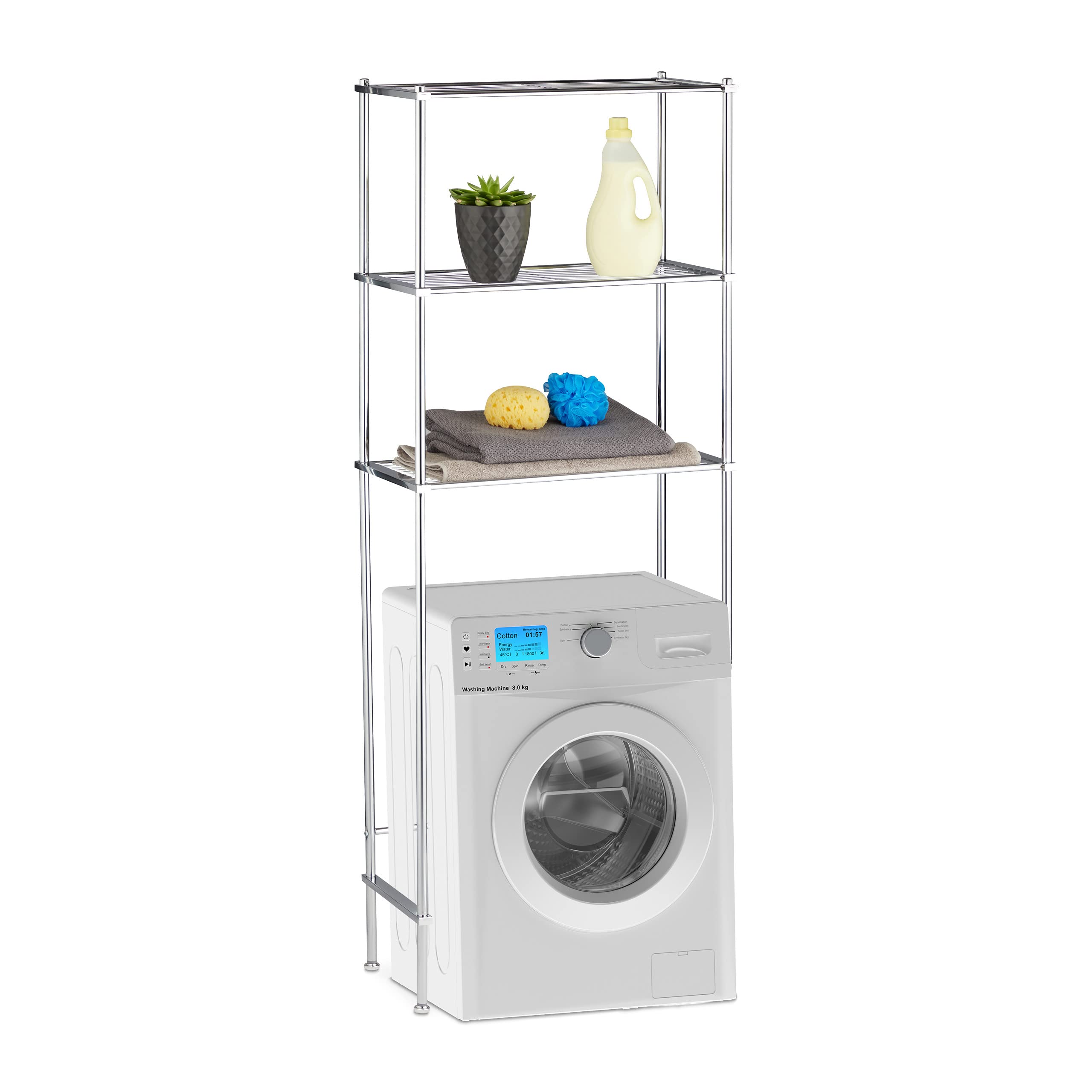 Relaxdays Laundry Storage Shelf, Bathroom Rack with 3 Shelves, Chrome, HWD: 162 x 63 x 30 cm, Silver