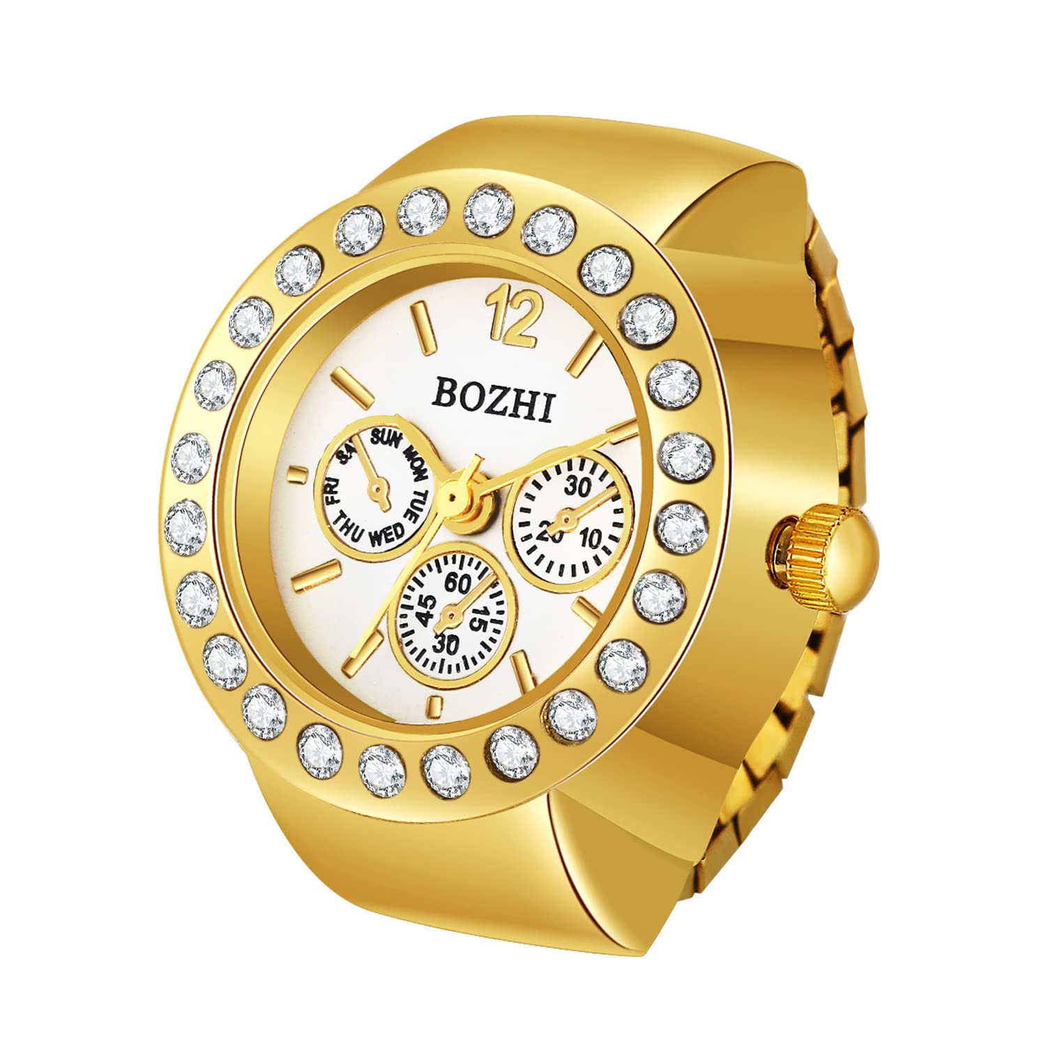 JewelryWe Men Women Finger Watch: Simple Round Dial Stretchy Elastic Band Quartz Ring Watches for Valentines Day Mothers Day