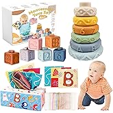 Montessori Baby Toys 6-12 Months, 4 in 1 Montessori Toys Set 6 Months Old+, Stacking Building Blocks Infant Toys, Tissue Box