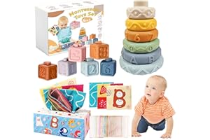 Montessori Baby Toys 6-12 Months, 4 in 1 Montessori Toys Set 6 Months Old+, Stacking Building Blocks Infant Toys, Tissue Box 