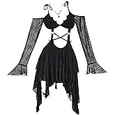 MEOWCOS Women's Gothic Camisole Dress A-line Goth Dress Spider Web Pattern Midriff Cut Out Dress