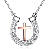 CRMAD Horseshoe Necklace for Women Sterling Silver Horse Cross Pandant Necklace Rose Gold Plated Jewelry Gifts (cross)