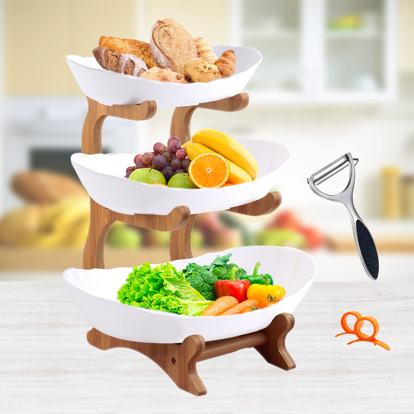 AOOGON Household 3 Tier PP-Plastic Fruit Plate Bowl,Bamboo Wooden Frame Plate Basket Holder,for Vegetables,Fruit and Candy Organizing (White)