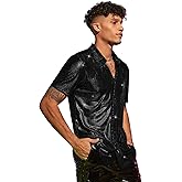 WDIRARA Men's 70s Sparkly Disco Top Crocodile Pattern Metallic Rave Button Down Shirt Short Sleeve Party T Shirt