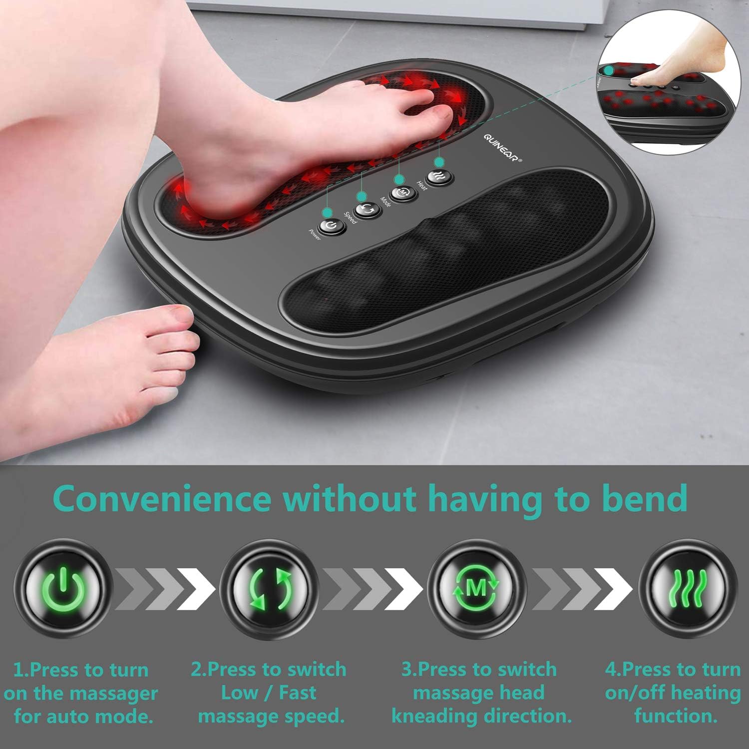 QUINEAR Foot and Back Massager with Infrared Heat, Shiatsu Kneading Feet Massage Machine Relieve Plantar Fasciitis Pain, Improve Circulation - 2 Speed & 2 Modes Fit All Size Feet: Health & Personal Care
