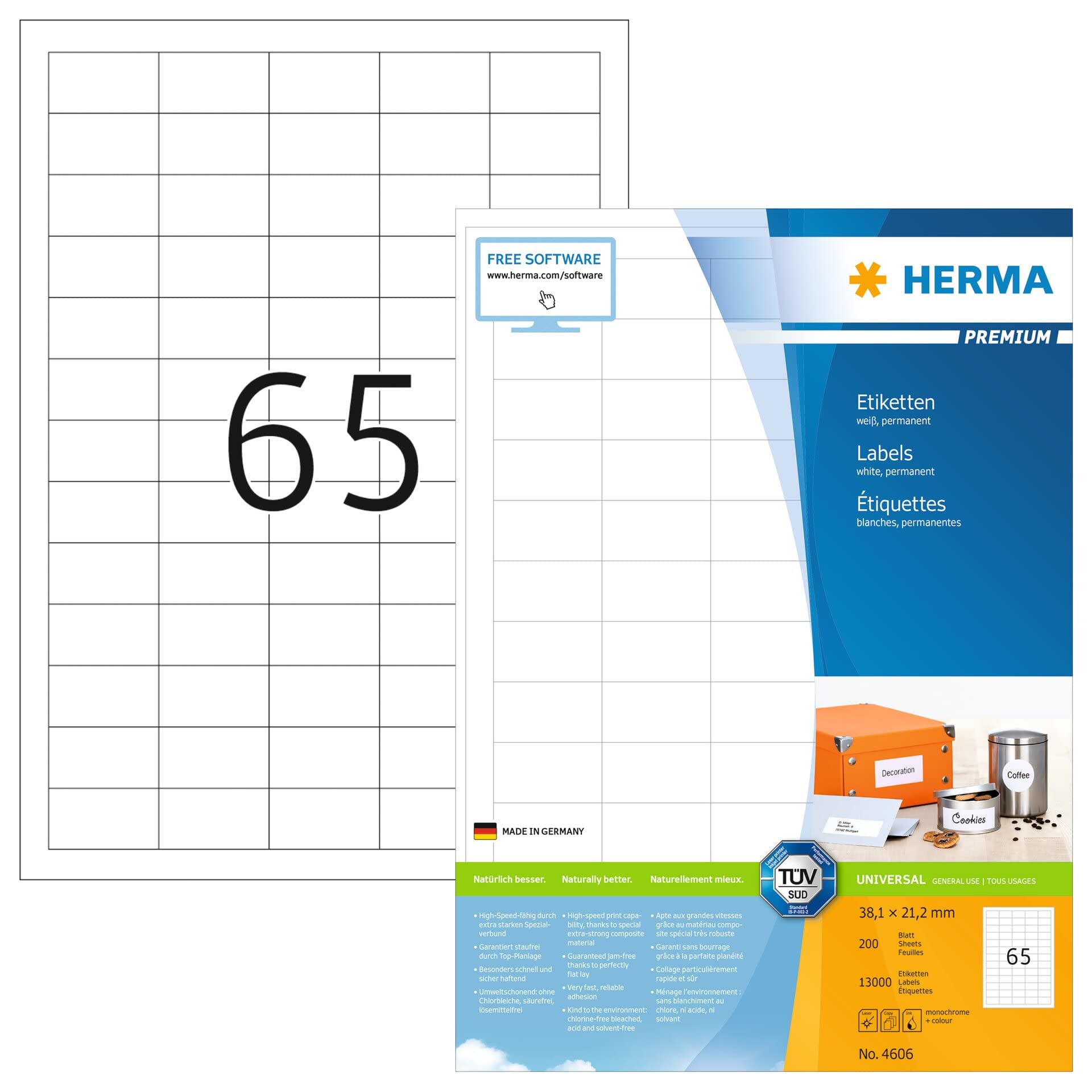 HERMA Self Adhesive Multipurpose Labels, 65 Labels per A4 Sheet, 200 Sheets, 38.1 x 21.2 mm, 13000 Labels, Blank Universal Labels Stickers, Sticky Labels for Laser & Inkjet Printer, White