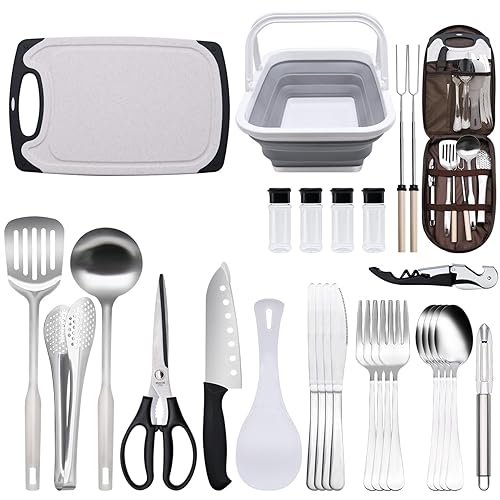 Camp Kitchen Cooking Utensil Set, 29pcs Stainless Steel Camping