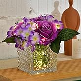 Fule Artificial Silk Rose Flower Centerpiece Arrangement in Glass Vase with LED Light for Home Wedding Decoration (Light Purple)