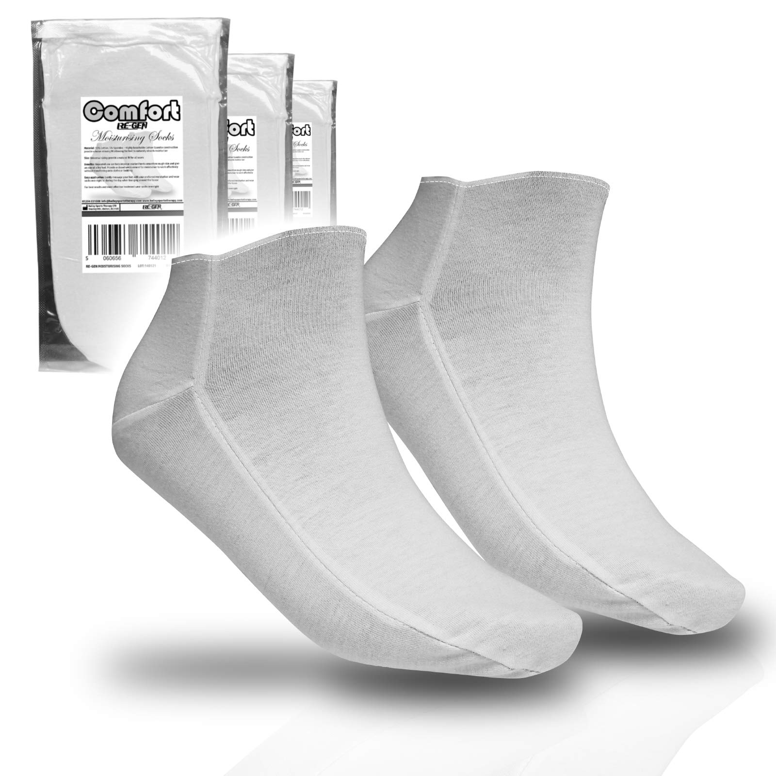 3 Pair - RE-GEN Comfort Fit Cotton Soft Cream Retainer Moisturising Overnight Socks - Ideal for Dry Cracked Hard Skin