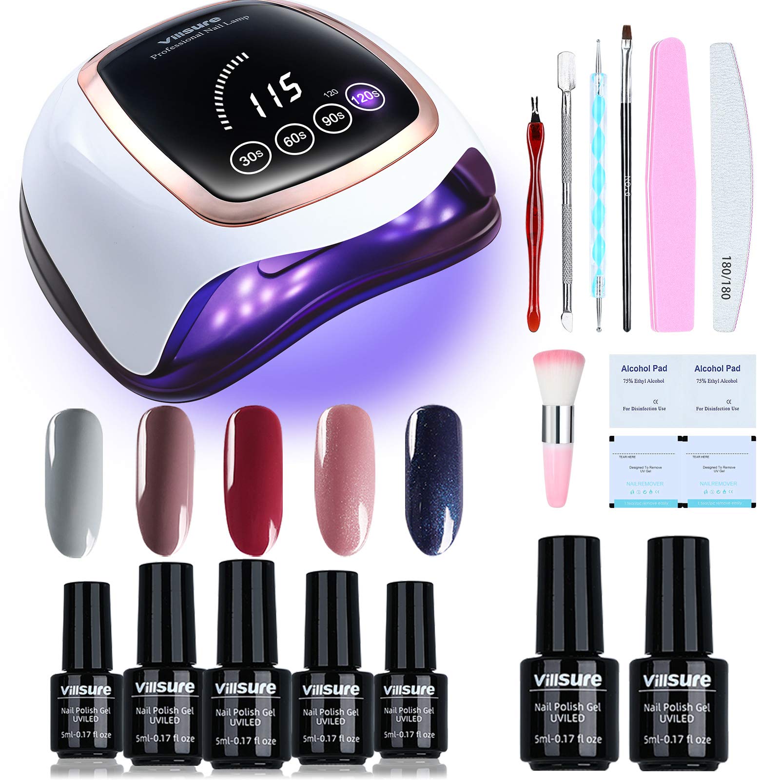 Gel Nail Polish Kit Villsure All-in-One 5 Colors Gel Nail Kit with 168W UV LED Nail Lamp, Base & Top Coat and 7pcs Nail Tool Set,Gel Manicure Kit