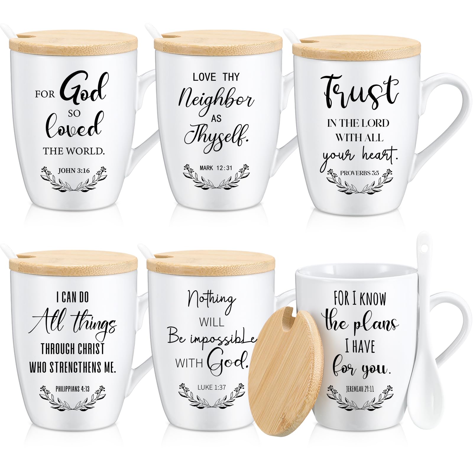 Photo 1 of Patelai 6 Set Christian Mugs Bulk Church Gifts 12oz Inspirational Bible Verse Ceramic Coffee Mug with Lid Handle Spoon Religious Scripture Cups for Sunday School Men Women Employee(English)