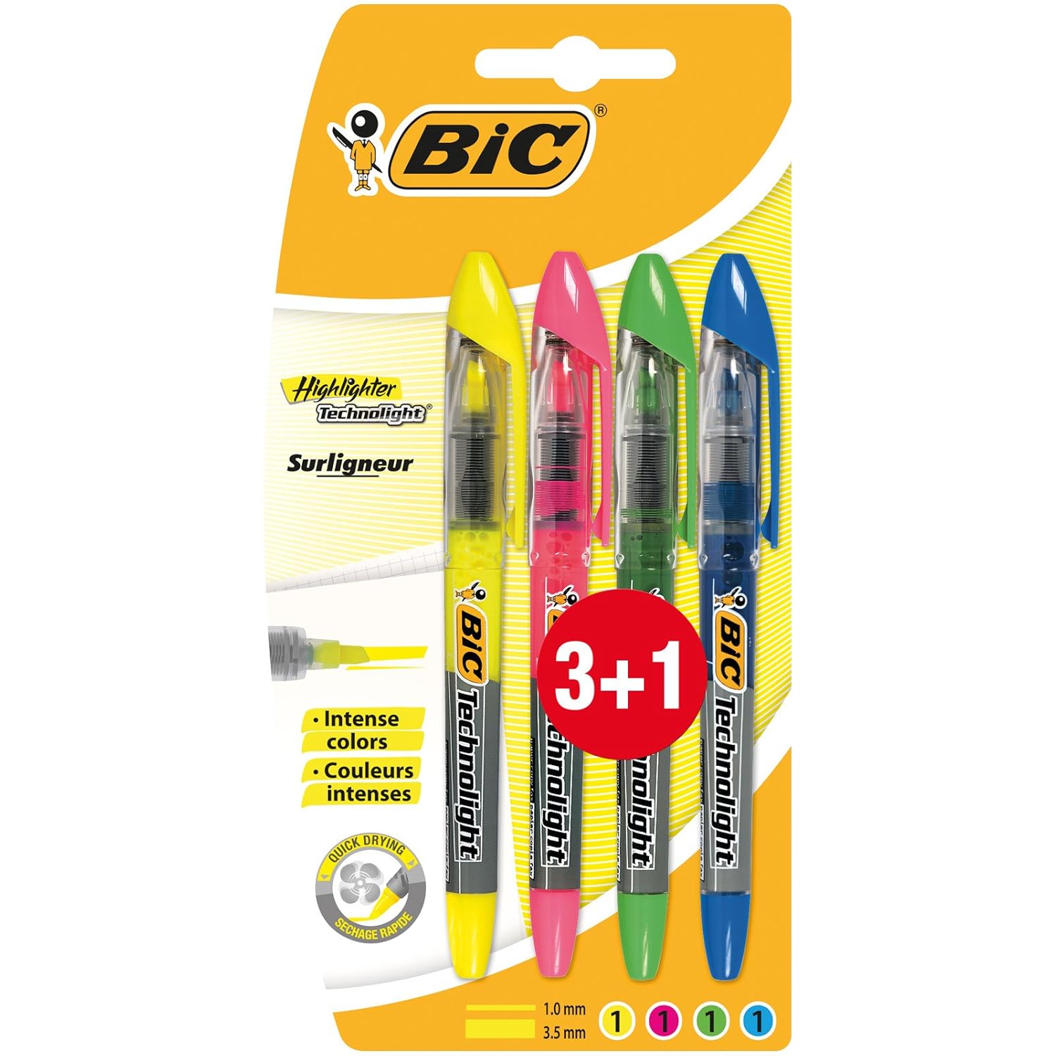 BIC Technolight Highlighter Pens Assorted, Value Pack of 3, Plus 1 Free Office