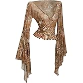 Floerns Women's Paisley Bell Sleeve Blouse Top Deep V Neck Ruffle Hem Going Out Crop Tops