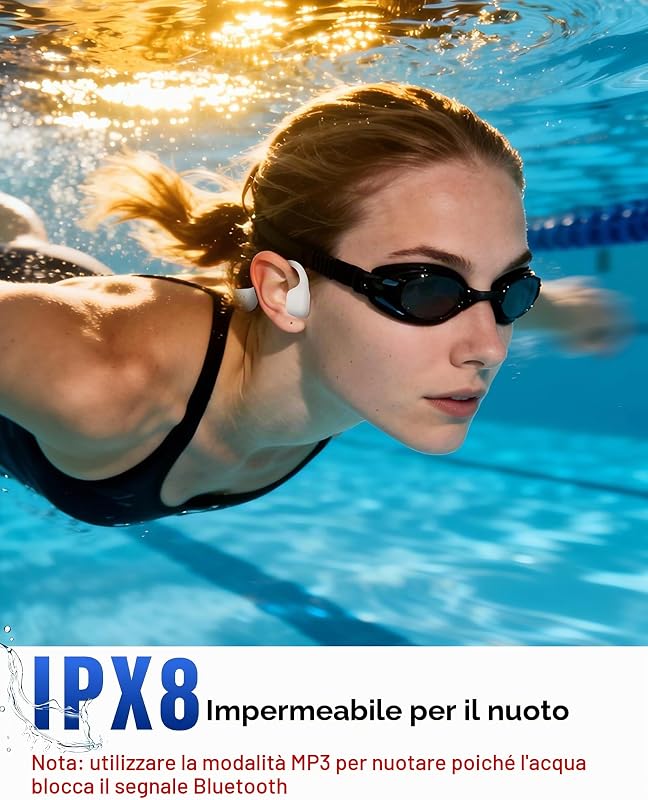 Cuffie a Conduzione Ossea Nuoto, IPX8, MP3 8 GB, Bluetooth 6.0