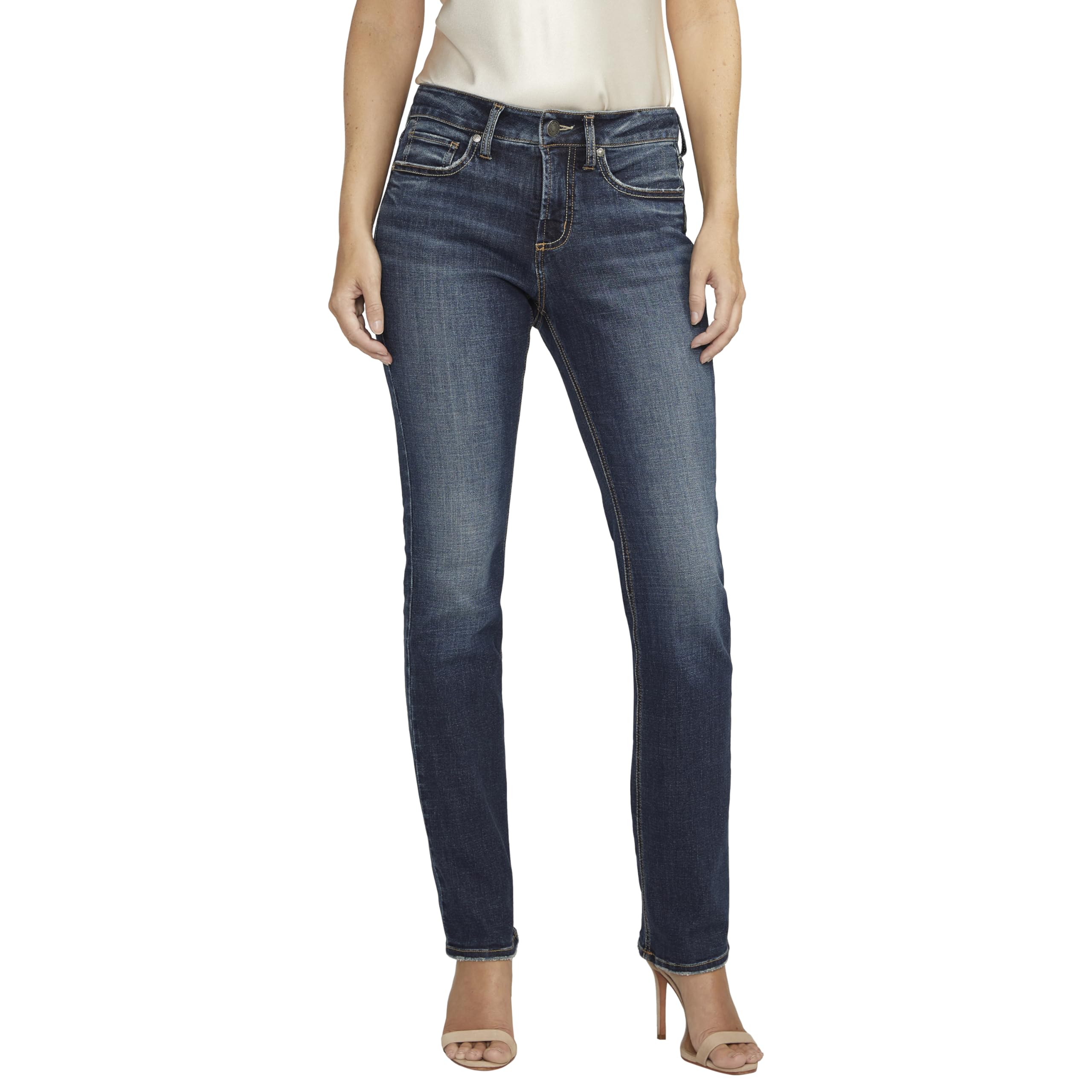 Silver Jeans Co. Women’s Suki Mid Rise Curvy Fit Straight Leg Jeans, Luxe Stretch Dark Indigo