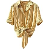 Milumia Women's Striped Button Down Collared Shirt Short Sleeve Tie Knot Loose Blouses