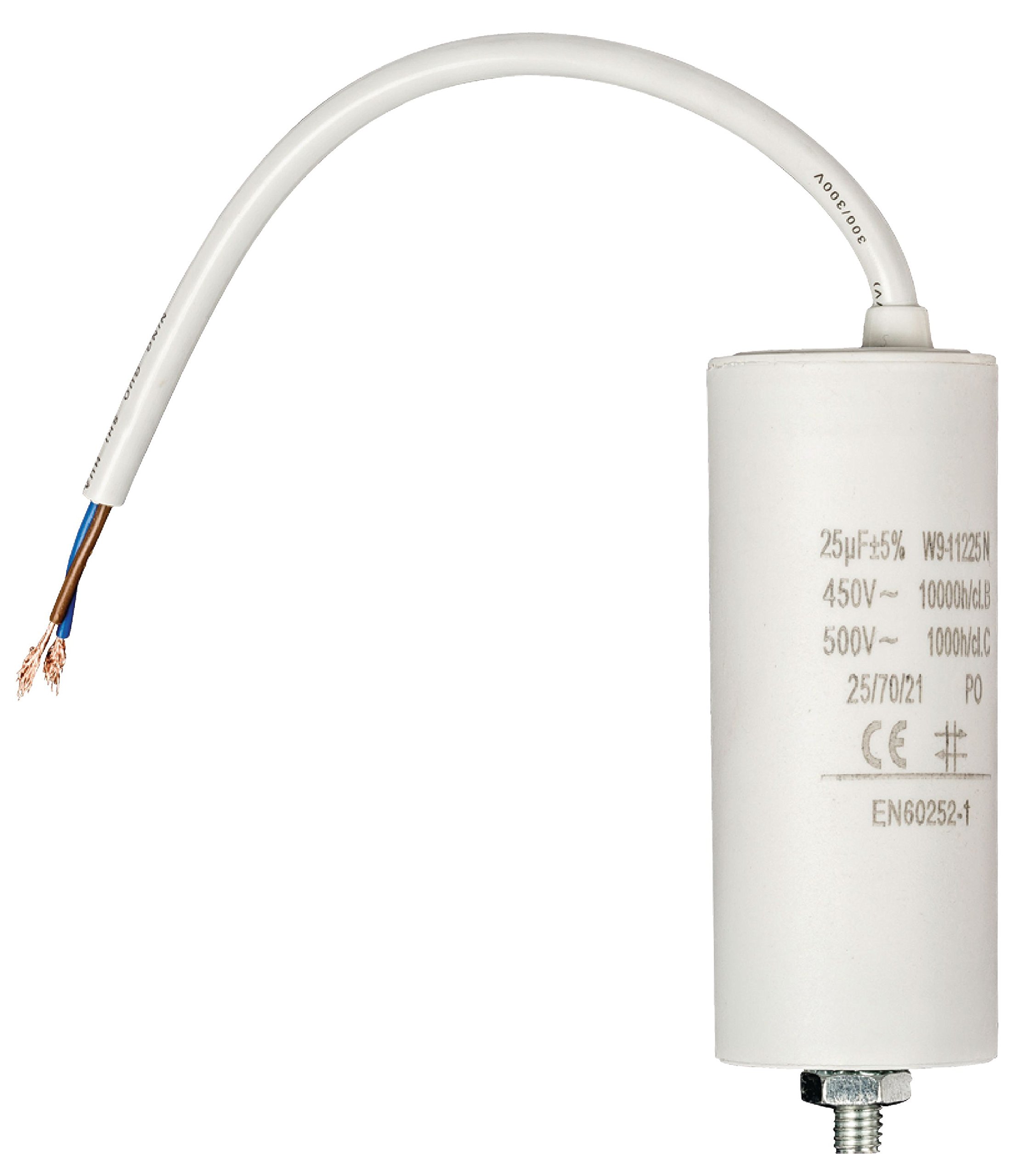 Invero Washing Machine Motor Capacitor 25.0uf - 450V Wired 250mm Cable - Dimensions: 40 x 98 mm - White
