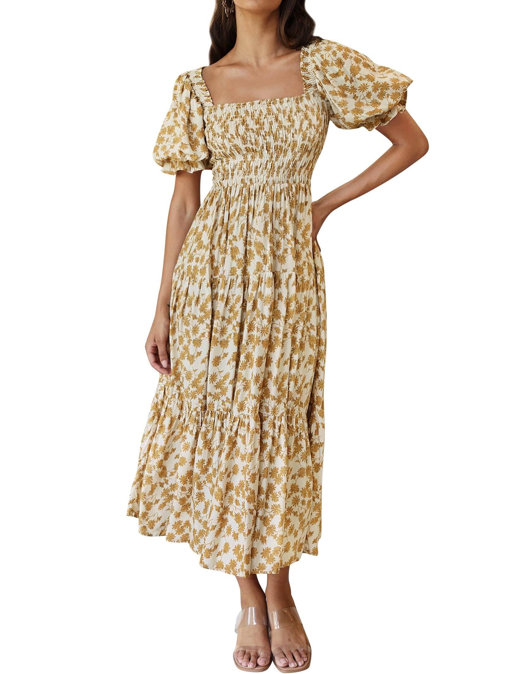 Photo 1 of ZESICA Women's 2025 Summer Boho Floral Print Square Neck Ruffle Swing Beach Long Maxi Dress,Beige,Large