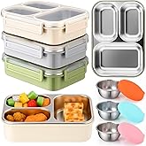 Ferrochef 3 Pack Stainless Steel Lunch Boxes 25 oz 3 Compartment Metal Bento Box with 3 Pcs Condiment Containers and Leakproof Lids for Office Outdoor and Gym, Dishwasher Safe