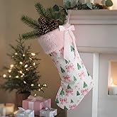 Realspring Christmas Tree Bow Pattern Xmas Stocking 18 Inches Canvas with Pink Faux Fur Baby's First Xmas Stocking Gifts Fireplace Hanging Stockings for Family Holiday Party