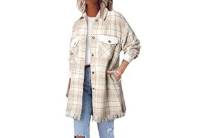 SHEWIN Womens Casual Plaid Shacket Long Sleeve Button Down Oversized Shirt Jacket Coat