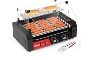 AWGPD Hot Dog Roller 7 Rollers 18 Hot Dogs Capacity 1050W Stainless Sausage Grill Cooker Machine with Dual Temp Control Glass Hood Acrylic Cover Bun Warmer Shelf Removable Oil Drip Tray(7 Rollers+Cover)