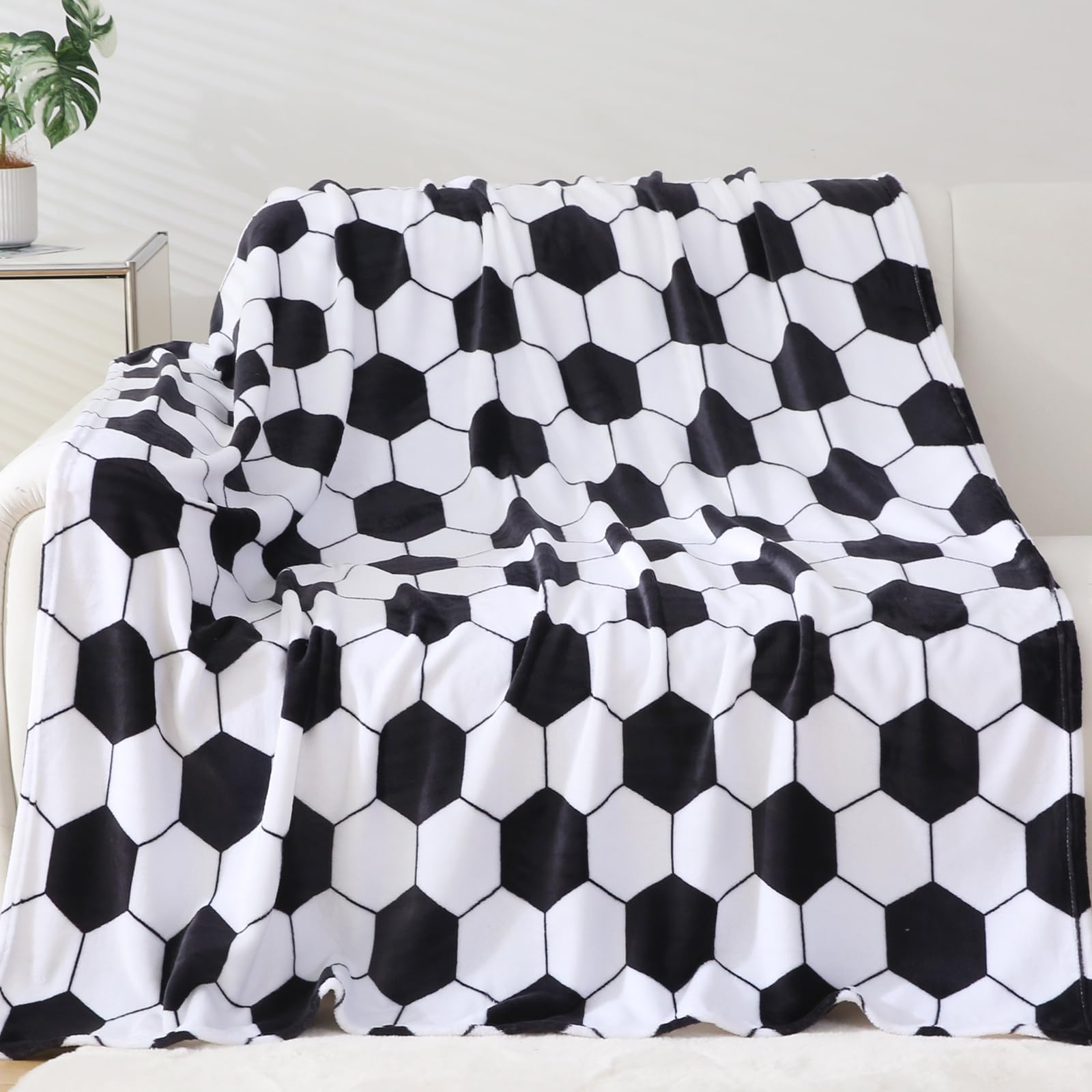 Niopos Soccer Blanket Soccer Gifts for Boys Girls 8-12 Coach Team Gifts Birthday Bedroom Stuff (Black White, 40x50 inch)